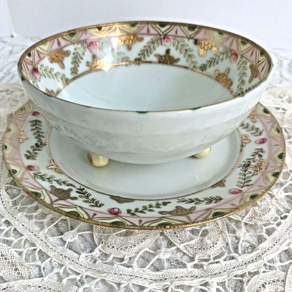 Bone China Bowl with Under Plate Gold Detail BiBi Japan ca 1940s Hand Painted